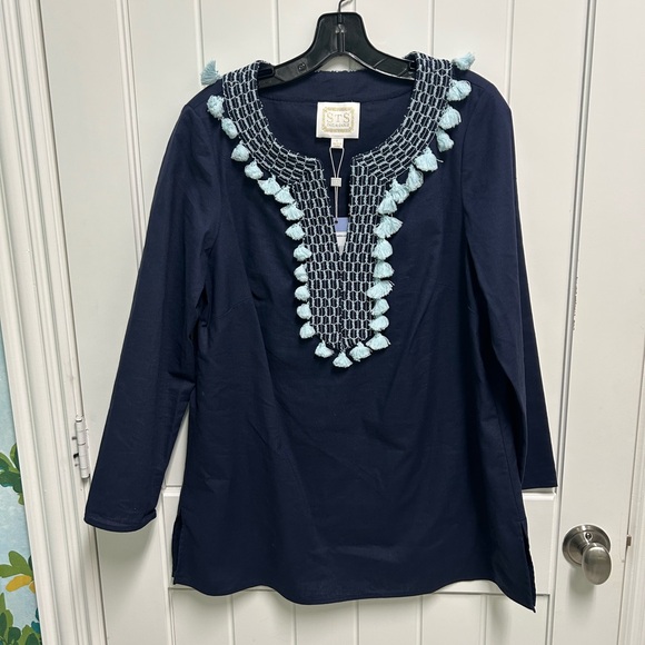 Sail to Sable Tops - Sail to Sable Navy Tunic with Light Blue Tassel Trim